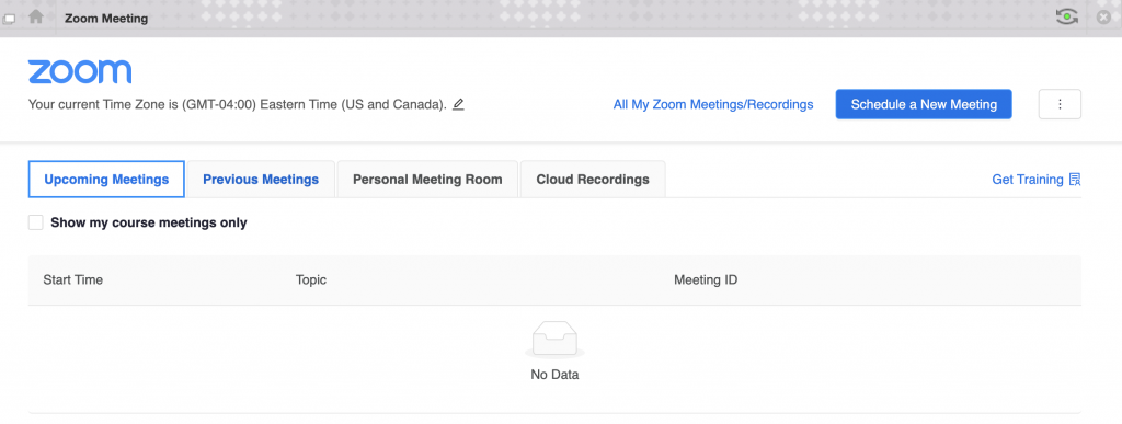 Zoom screen in Blackboard showing no scheduled meetings