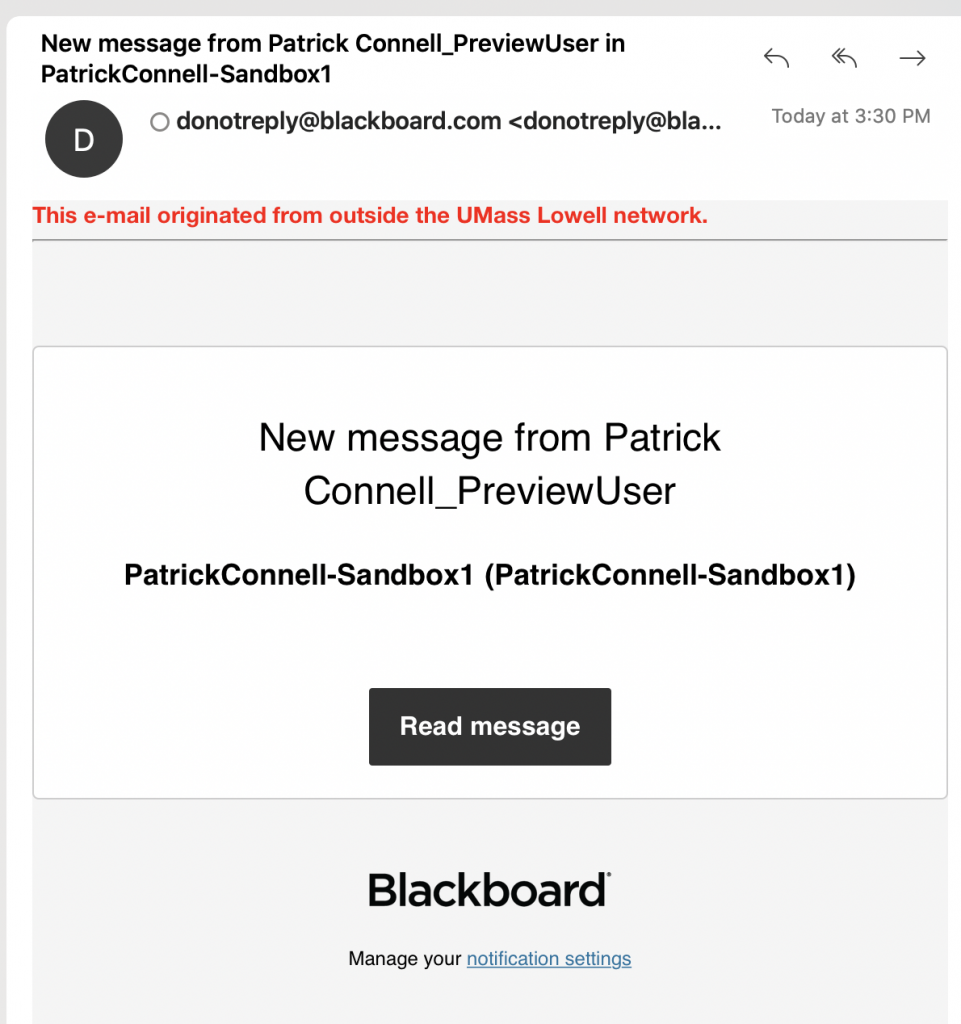 screenshot of an email notification from Blackboard