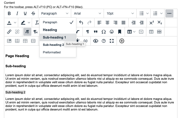 Screenshot of Blackboard's Content Editor indicating the use of headings with text