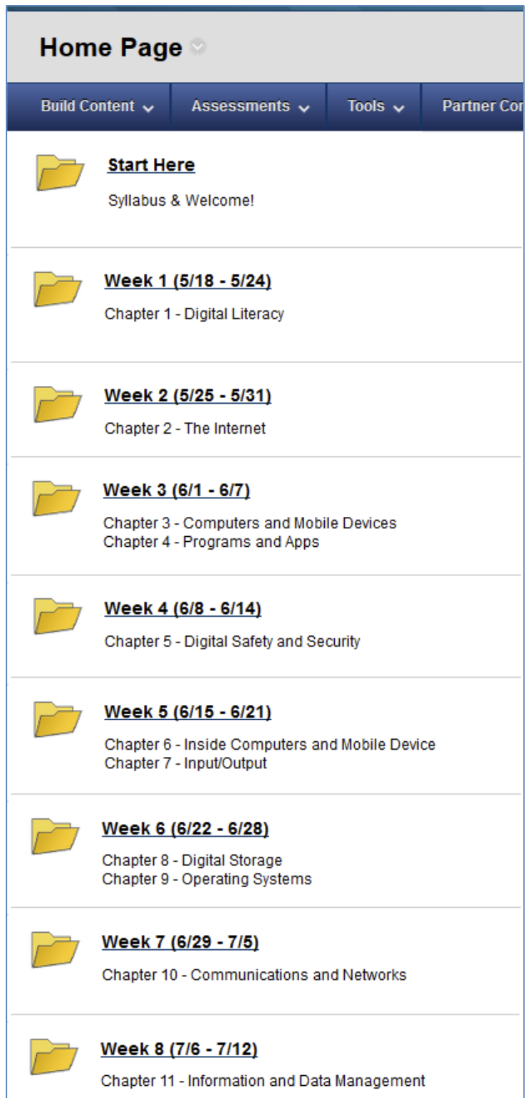Image of a homepage in Blackboard, depicting folders with weekly dates