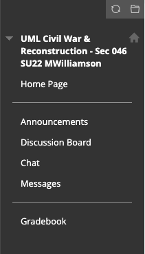 screenshot of a Blackboard course menu with links to Home, Discussions, etc.. 