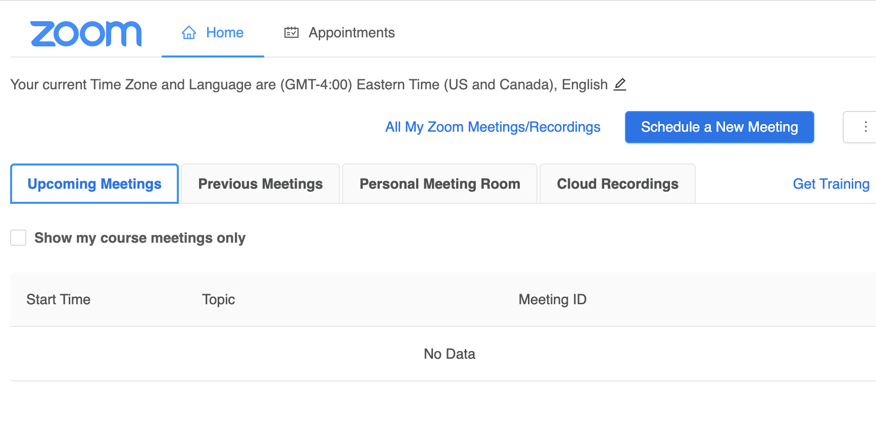 Screenshot of Canvas with the Zoom interface for scheduling meetings