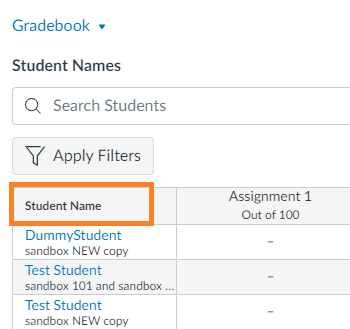 Grade center displaying list of students