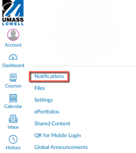 List of account settings with Notifications highlighted