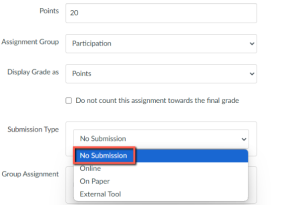 Assignment settings screen with No Submission highlighted