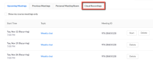 List of recurring Zoom meetings with Cloud Recordings highlighted