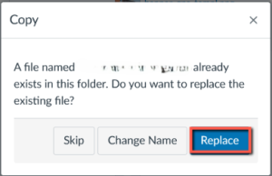Popup with file replacement confirmation