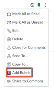 Add Rubric option highlighted in Discussion Topic menu