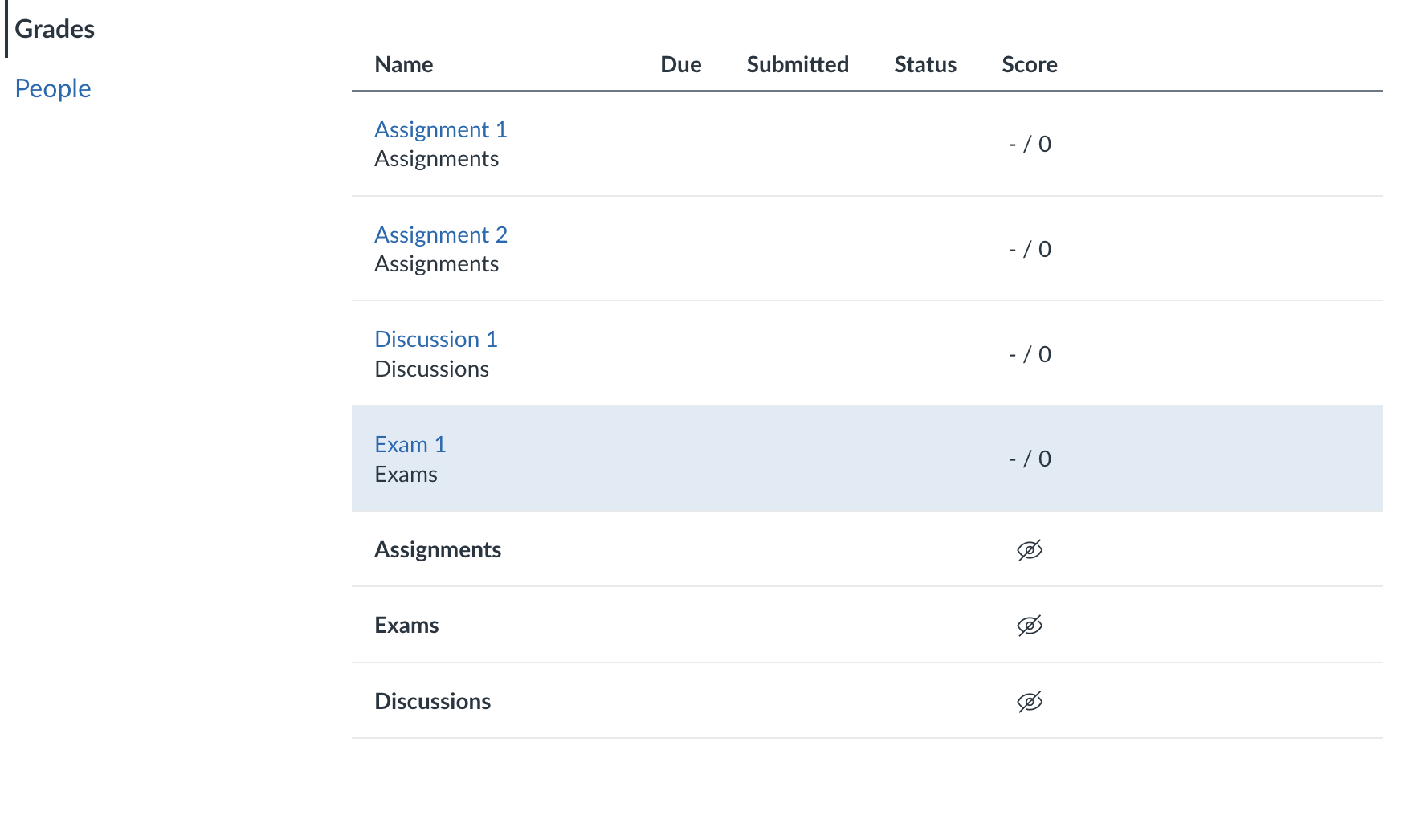 Screenshot of Student Grade view showing total score hidden example
