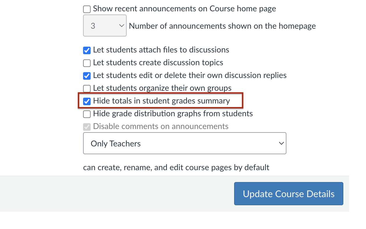Screenshot of Course Settings