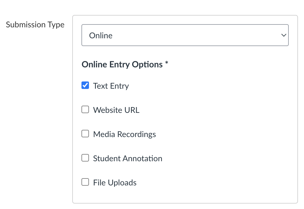 screenshot of Canvas showing the Assignment submission options with "Text Entry" checked