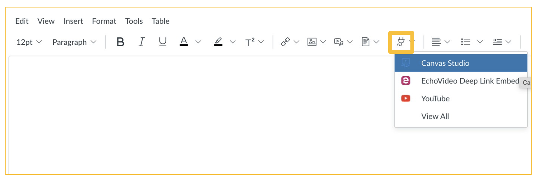 screenshot of Canvas showing the Rich Content Editor and how to access Canvas Studio