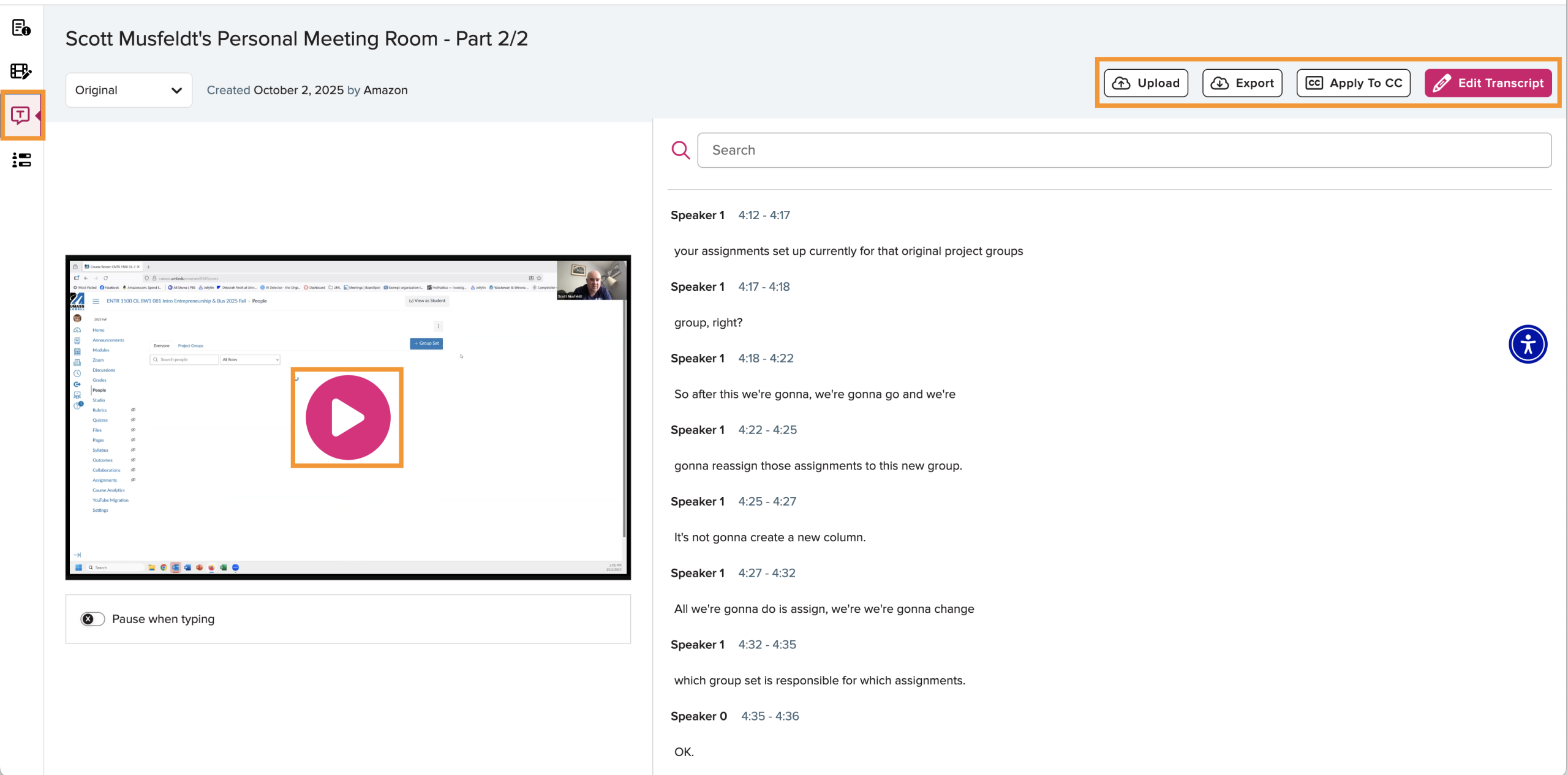 Screenshot showing the Echo360 caption editor