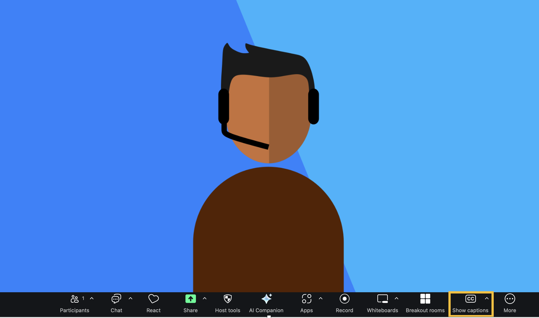 Screenshot of a Zoom meeting with a rectangle around the "Show Captions" button 