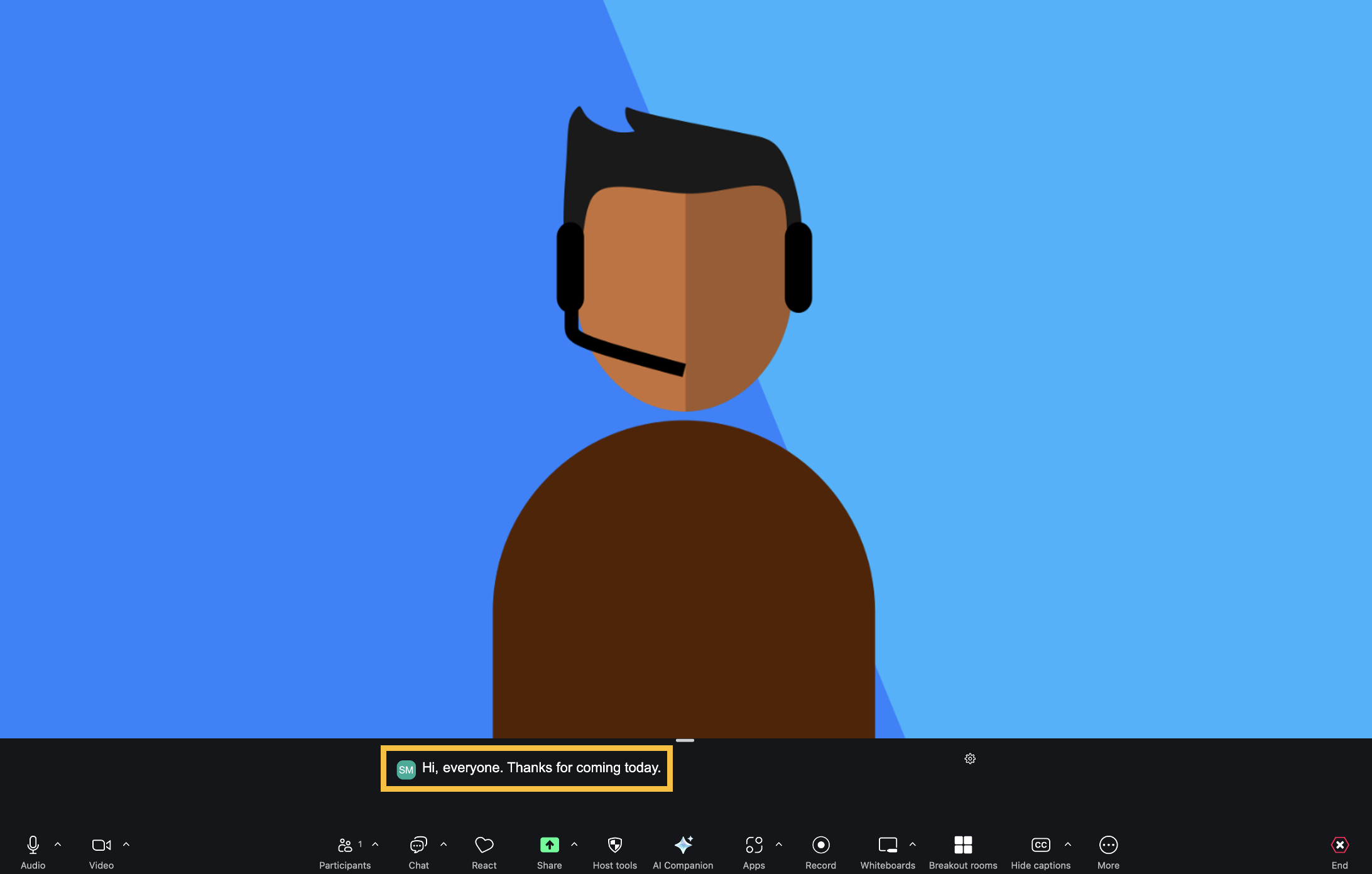 Screenshot of a Zoom meeting with captions turned on and visible. The captions have a rectangle around them. 