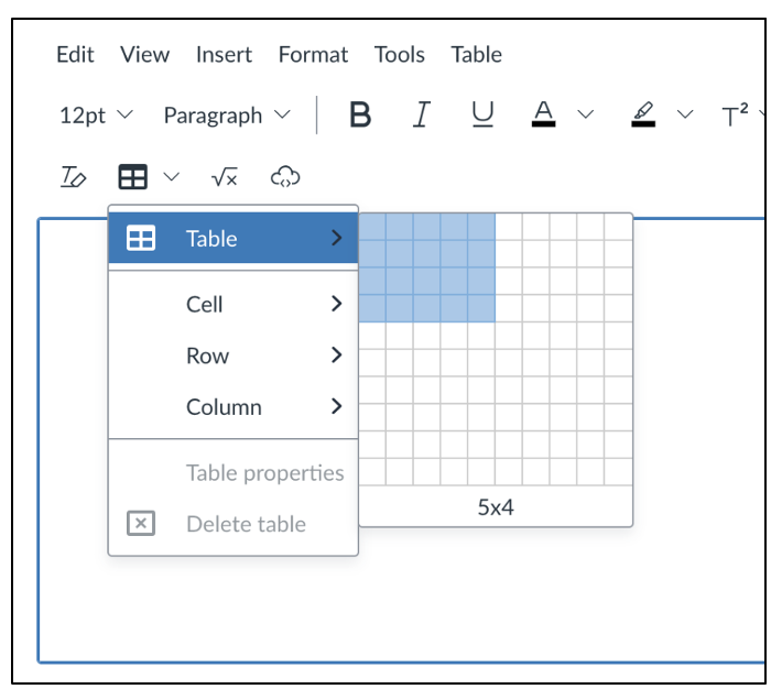 screenshot of the canvas HTML editor with the Table menu expanded