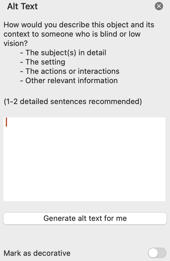 screenshot from Microsoft Word showing the Alt Text pop-up where a user can type in alt text or have Word generate alt text automatically