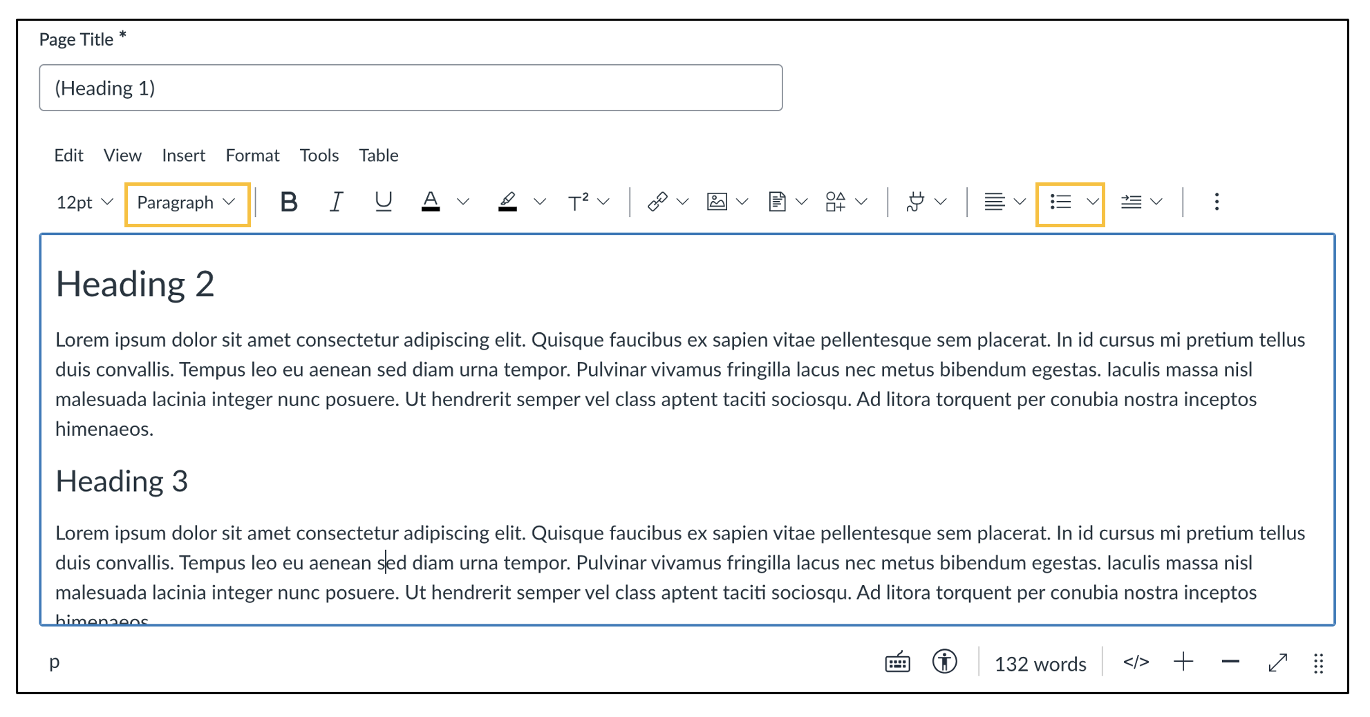 screenshot of the Canvas HTML editor that shows how to add proper Headings and Lists to a document. Lorem Epsom text is displayed as an example