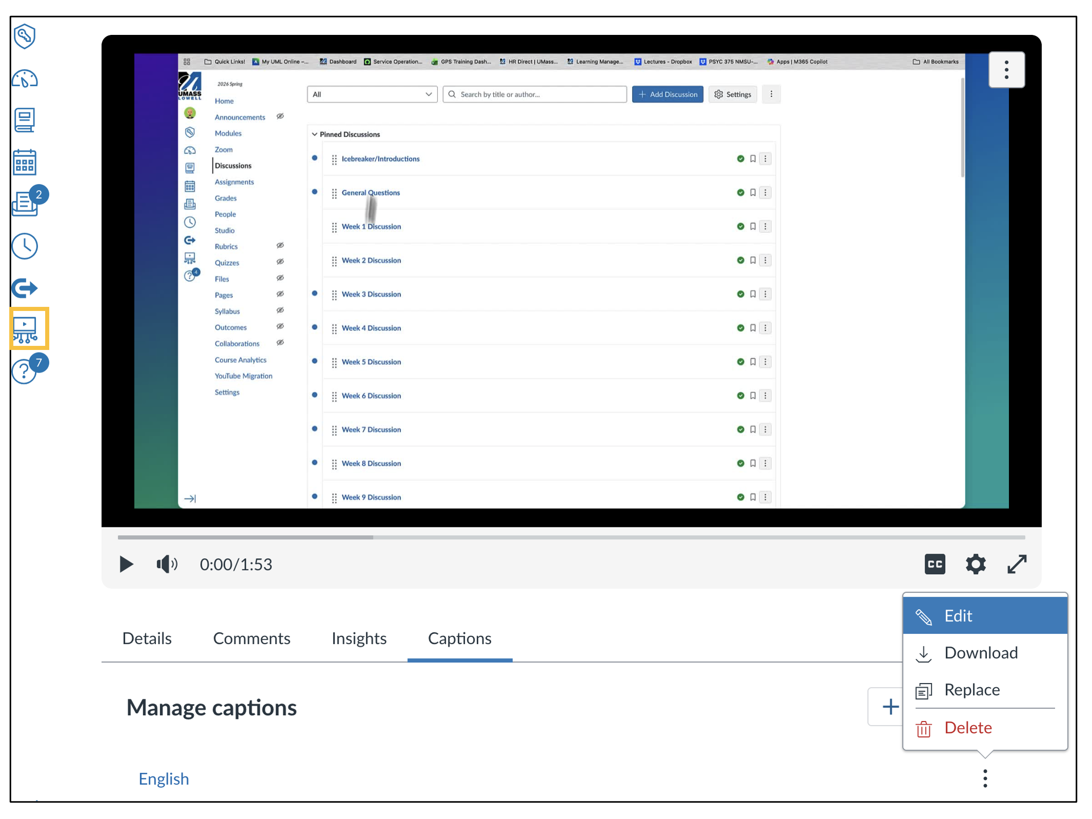 screenshot of Canvas showing a Studio video and the Edit menu expanded