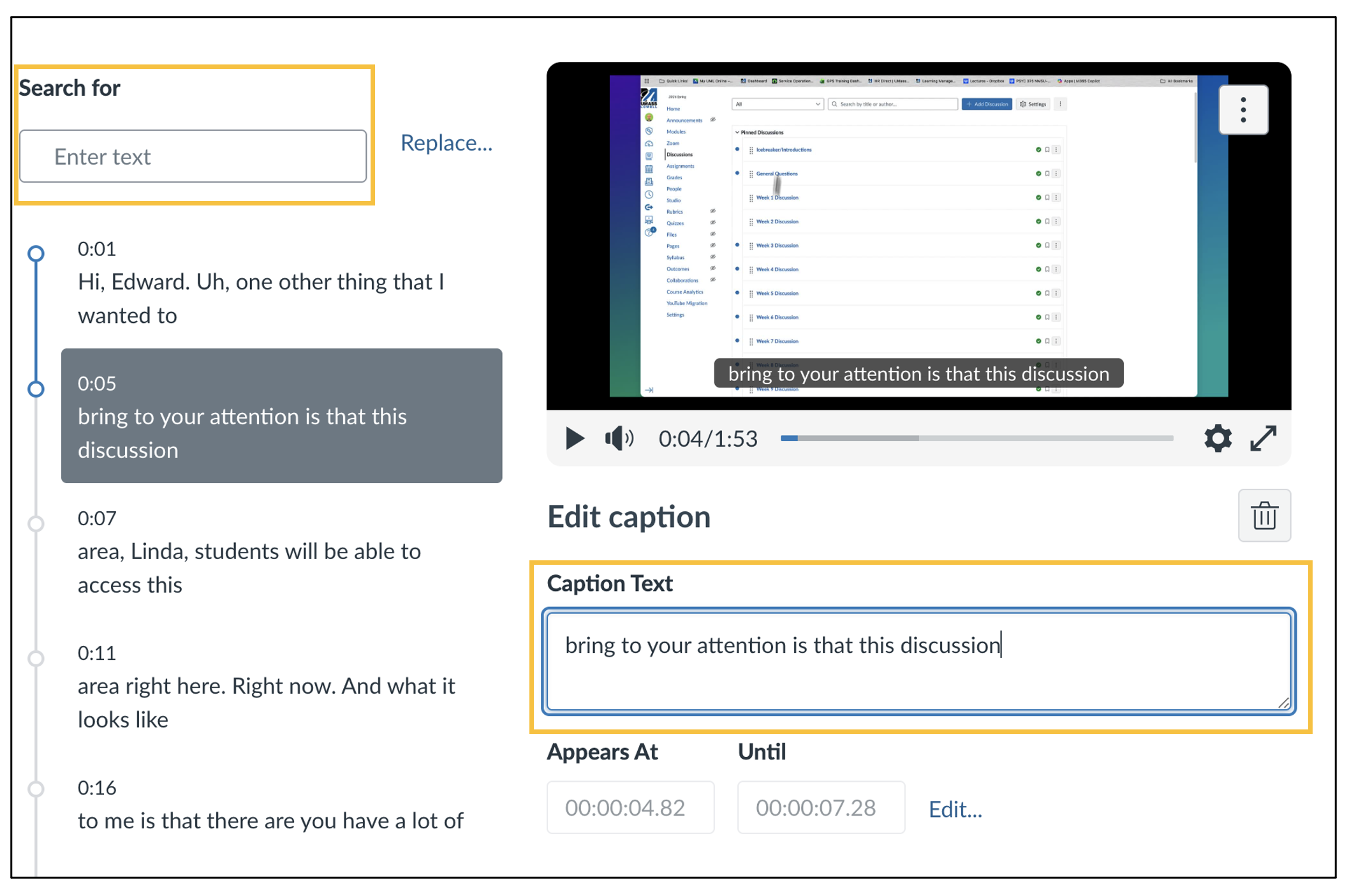 screenshot of Canvas showing a Studio video and Caption Text area highlighted so users can see how they edit captions. 