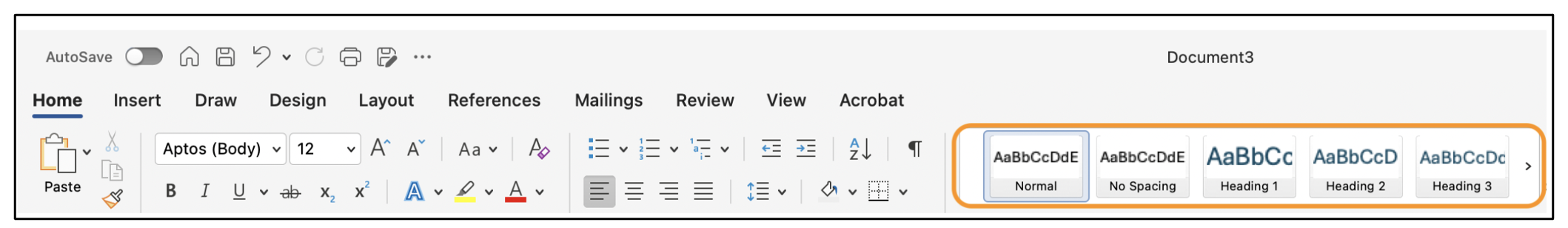 screenshot of the Microsoft Word ribbon bar, with the Headings buttons highlighted