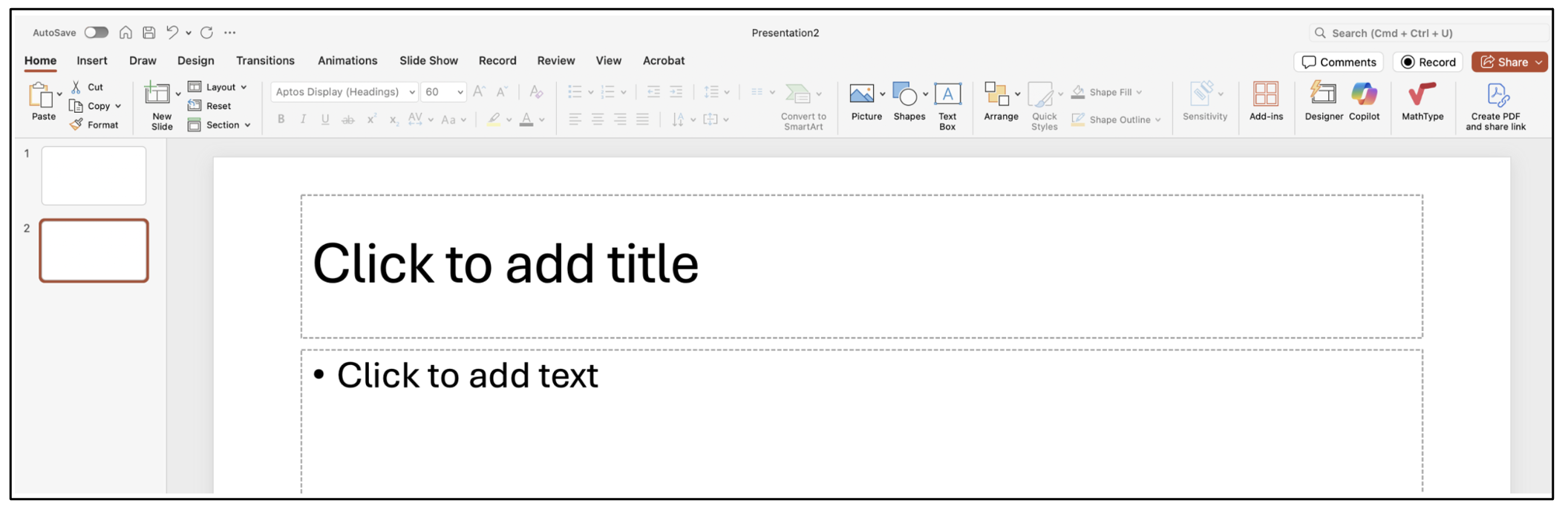 screenshot of the Microsoft Powerpoint interface showing a blank slide