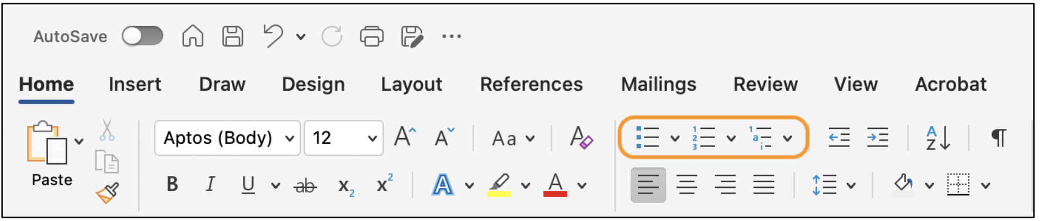 screenshot of the Microsoft Word ribbon bar, with the Lists buttons highlighted