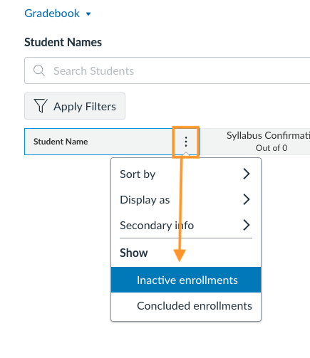 screenshot of Canvas Grades showing the kebab menu under the student name column with Inactive Enrollments option highlighted